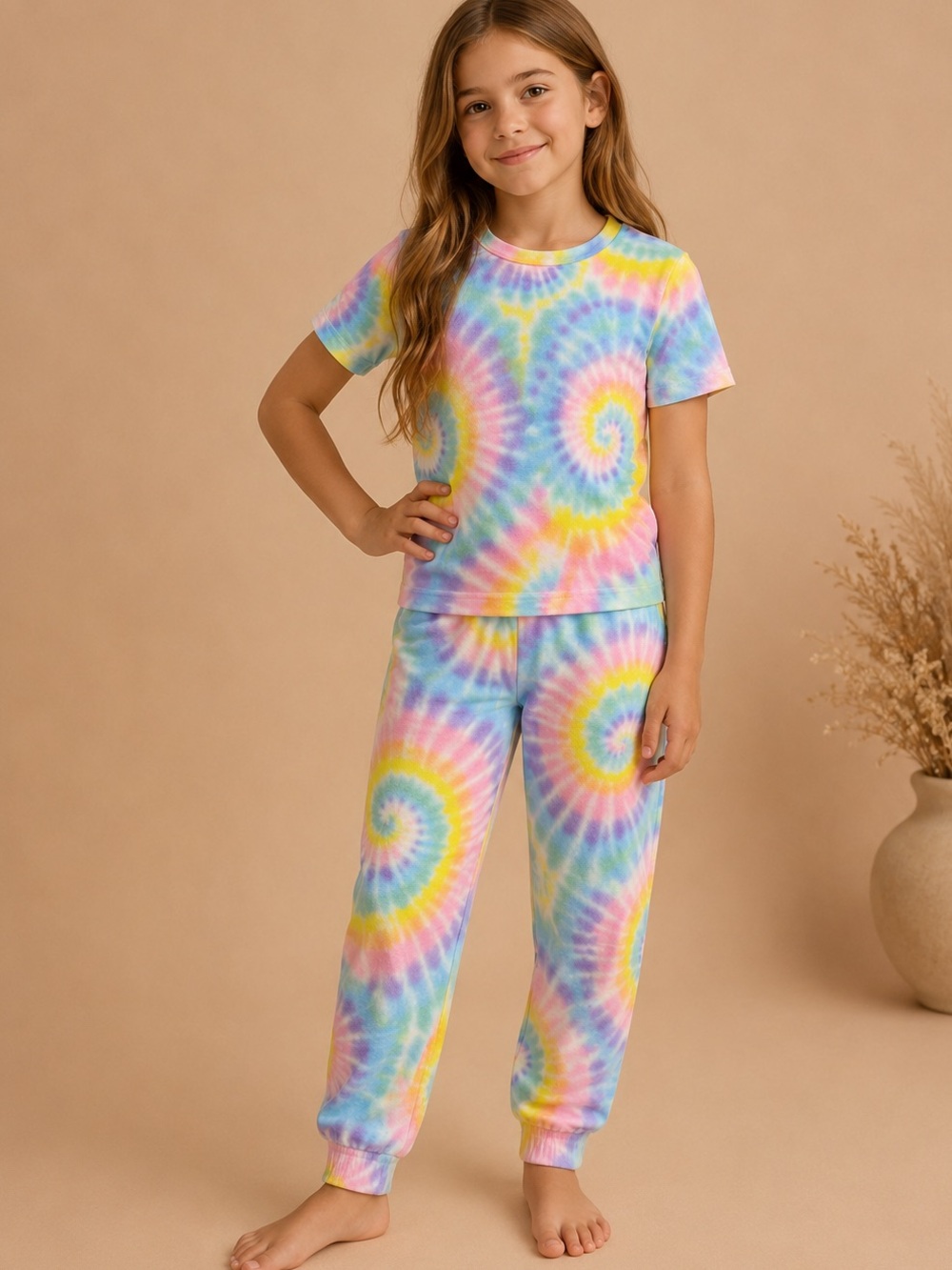 Hurley Kids Pastel Tie-Dye Short Sleeve Lounge Set - Yellow, Pink, Blue, Purple
